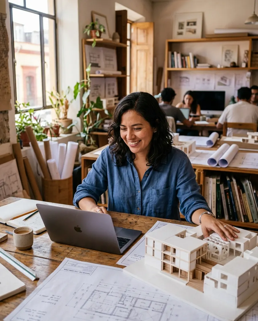 Arquitecta en su despacho con maquetas