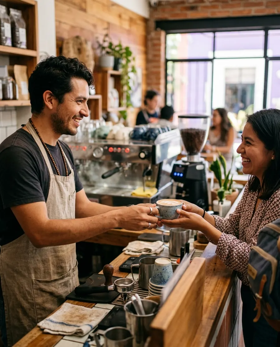 Barista entregando un café