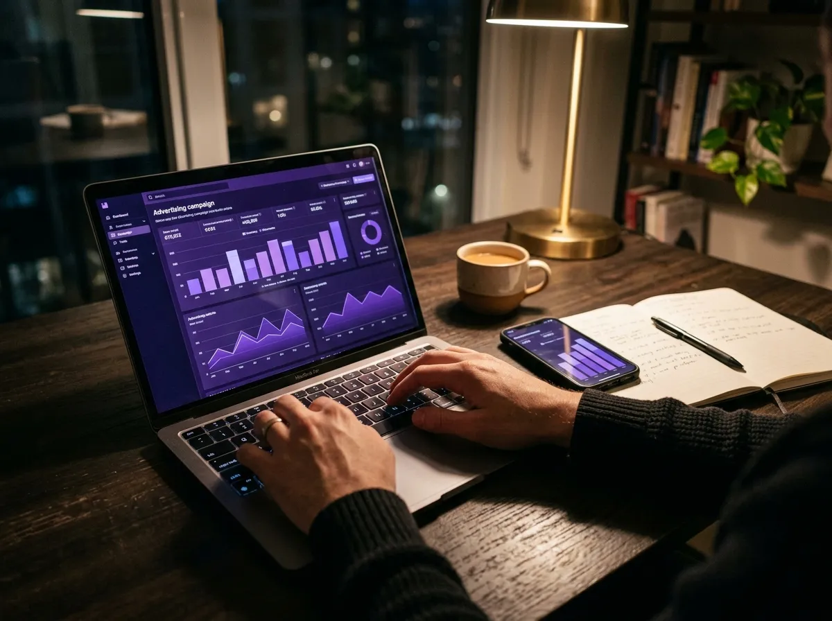 Espacio de trabajo con una laptop mostrando un tablero de campañas de publicidad