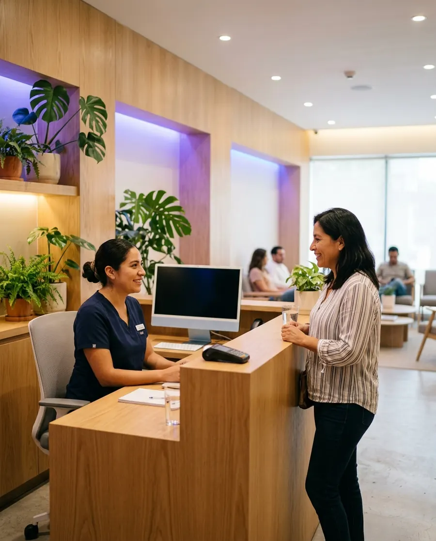 Recepcionista de una clínica atendiendo a una paciente