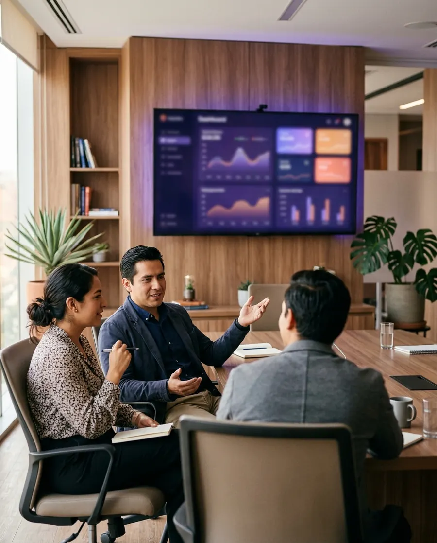 Equipo de trabajo revisando un panel de datos en una pantalla grande