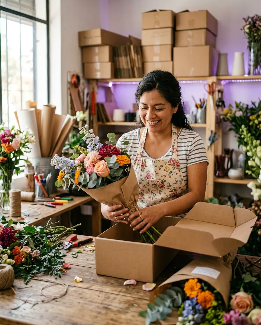 Florista empacando un ramo en una caja para envío