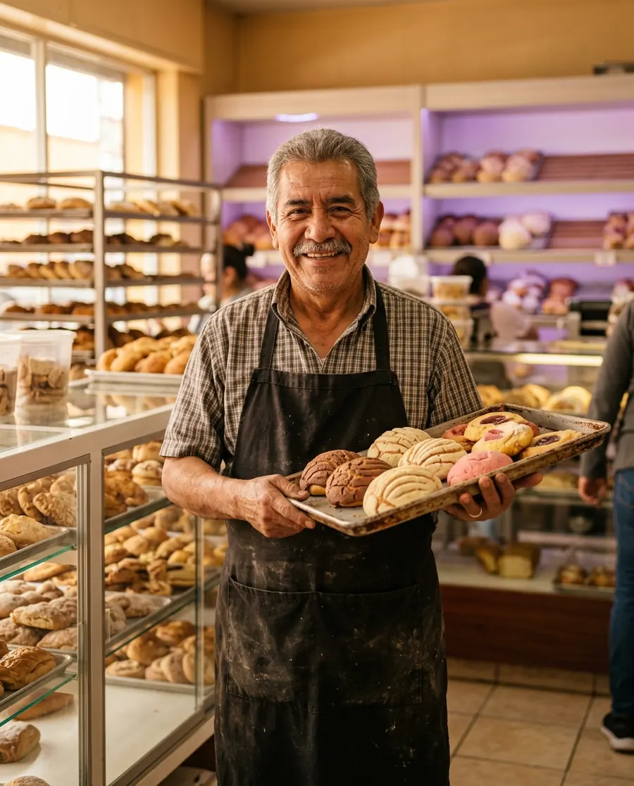 Panadero sonriendo con una charola de conchas en su panadería