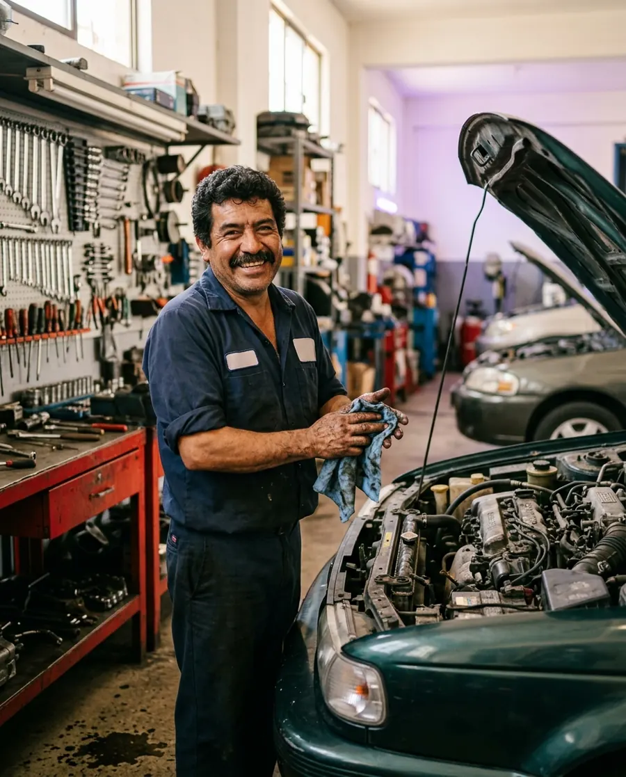 Mecánico sonriendo en su taller junto a un auto