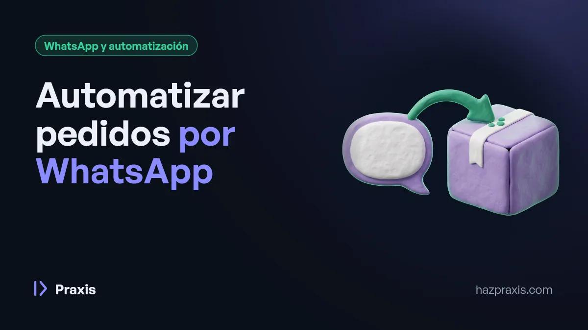 Ilustración 3D de una burbuja de chat unida con una flecha a una caja, junto al título Automatizar pedidos por WhatsApp