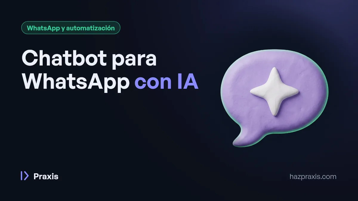 Ilustración 3D de una burbuja de chat con un destello, junto al título Chatbot para WhatsApp con IA