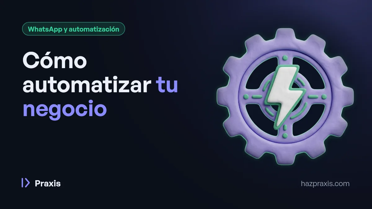 Ilustración 3D de un engrane con un rayo al centro, junto al título Cómo automatizar tu negocio
