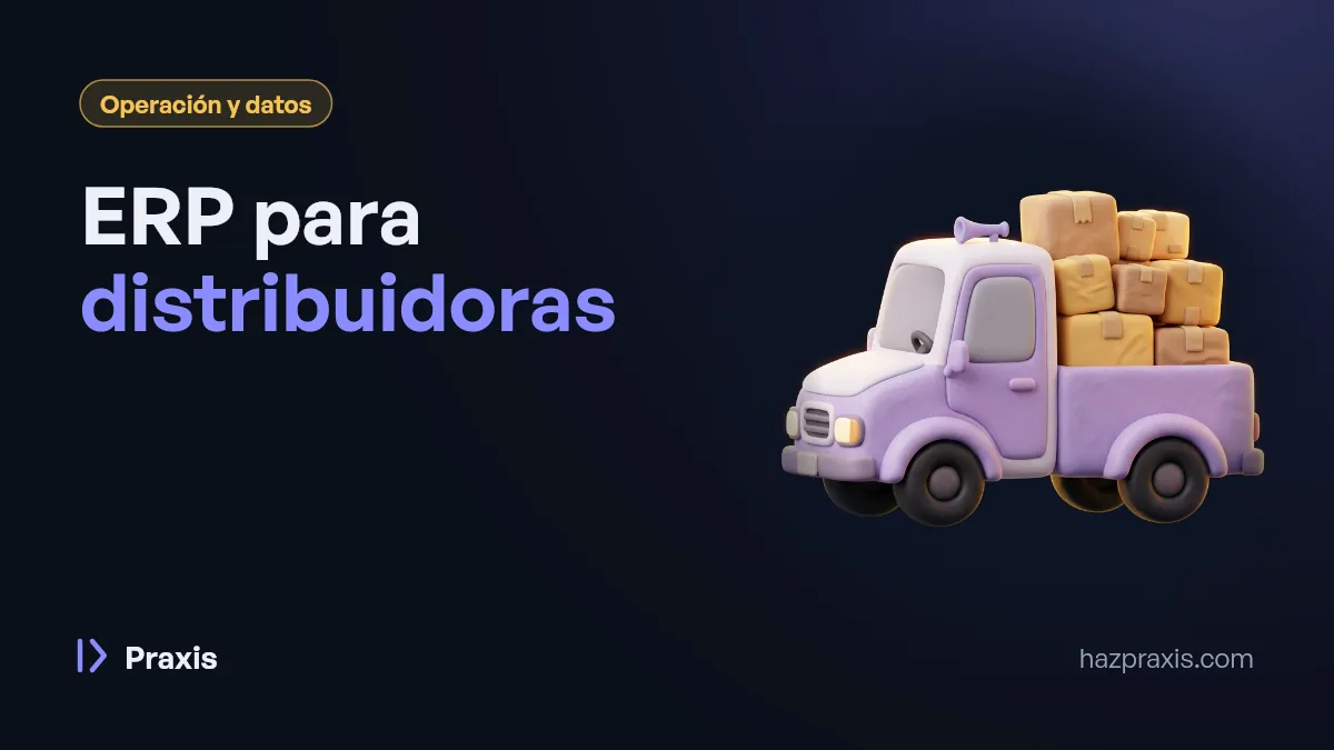 Ilustración 3D de un camión de reparto cargado de cajas, junto al título ERP para distribuidoras