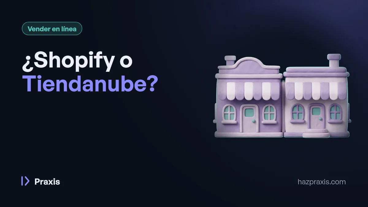 Ilustración 3D de dos tiendas pequeñas con toldo, lado a lado, junto al título ¿Shopify o Tiendanube?