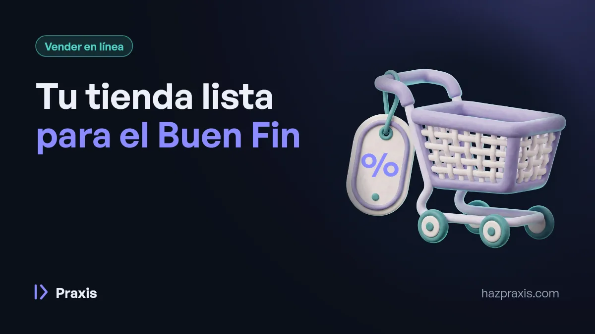 Ilustración 3D de un carrito de compras con una etiqueta de descuento, sobre fondo oscuro, junto al título Tu tienda lista para el Buen Fin